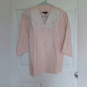 BCBG Maxazria Light Pink Pleated Shirt with Large Crochet Sailor Collar